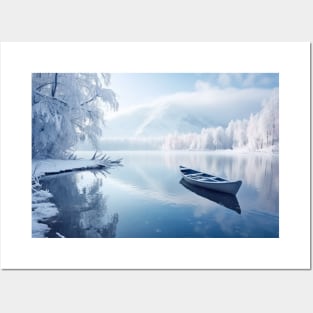 Lake Boat In Winter Serene Landscape Posters and Art